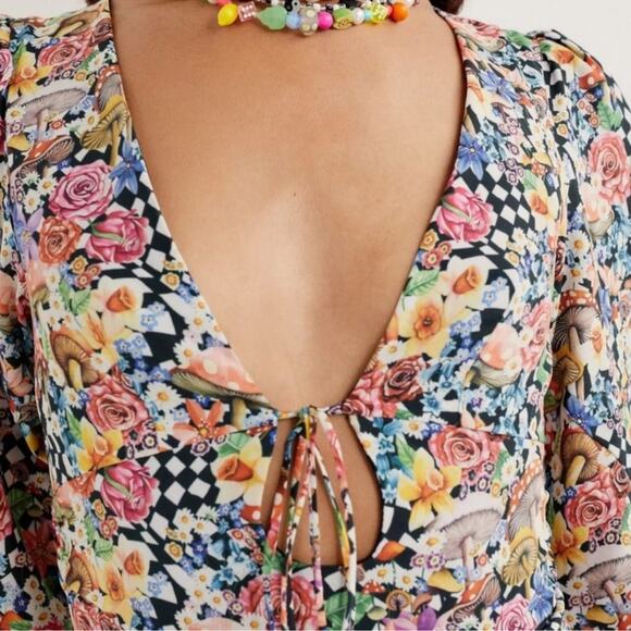 For Love & Lemons Womens June Bell Sleeve Black Checkerboard Mushroom Mini Dress - Picture 5 of 14